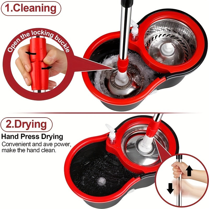360-degree Rotating Mop and Bucket, 154.94cm Stainless Steel Mop Handle with Adjustable Length, Comes with 3 Ultrafine Fiber Replacement Mop Heads, Very Suitable for Cleaning on Boats, Floor Cleaning, Ceiling Cleaning