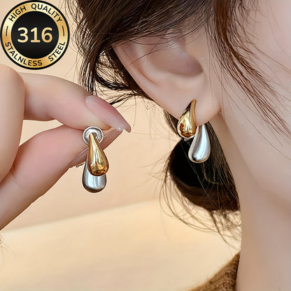 AIVEO Women's Hypoallergenic Stainless Steel KC Golden Plated (KC Golden) Teardrop Earrings - Anti-Fade Sensitive Beige Dainty Studs, Minimalist Elegant Drop Jewelry for Daily Wear, Parties & Sensitive Nose/Piercing, Year-Rou