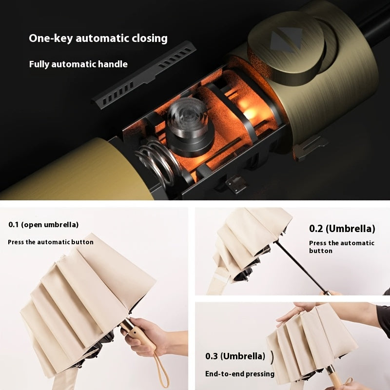 Guarda-chuva resistente com abertura/fecho automático, 12 varetas, pega em madeira maciça (bétula/faia) - Ampla cobertura, resistente ao vento e dobrável, ideal para homens, negócios e viagens - Cor sólida (bordô/preto/azul-marinho)