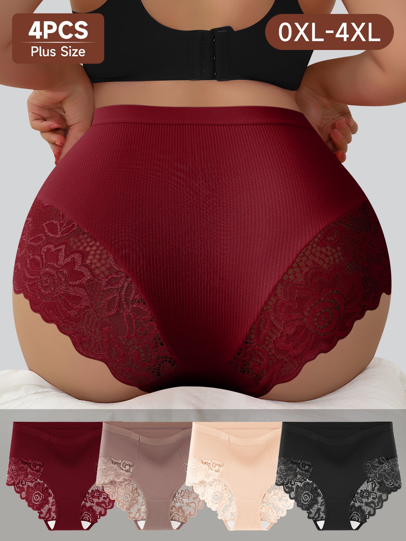 4pcs Women'S Plus Size High-Waisted Briefs - Tummy Control Butt Lifting Underwear with Seamless Wrap, Non-Slip Grip & Lifted Hipline - Stretchy Everyday & Special Occasion Panties - Burgundy/Beige/Black/ - QUASTI, Tummy Contr