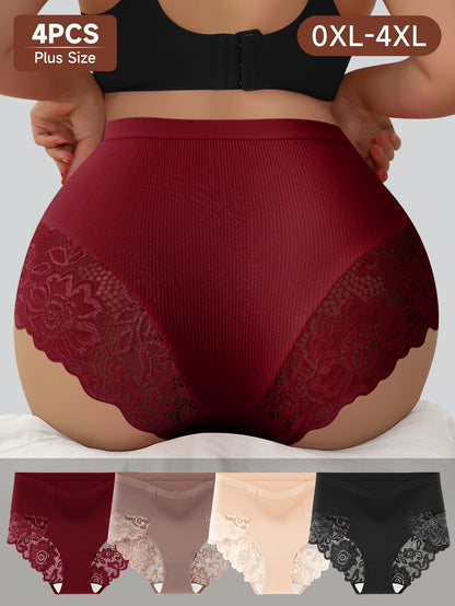 4pcs Women'S Plus Size High-Waisted Briefs - Tummy Control Butt Lifting Underwear with Seamless Wrap, Non-Slip Grip & Lifted Hipline - Stretchy Everyday & Special Occasion Panties - Burgundy/Beige/Black/ - QUASTI, Tummy Contr