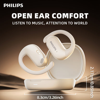 For Philips Wireless Earbuds with Ear Hook Design, Long Battery Life, Touch Control, Wireless Charging Case, Open-Back Sports Headphones for Running & Exercise, USB-C Charging, Condenser Microphone, Compatible with Cellphones