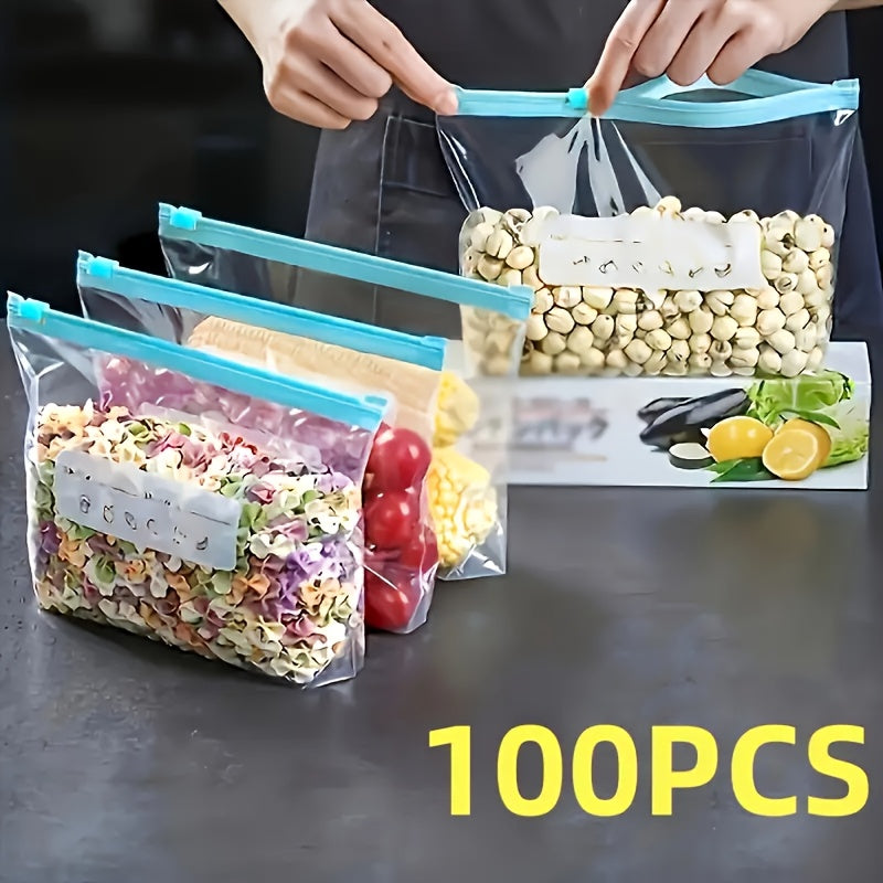 100pcs Reusable Zipper Storage Bags - Multi-Purpose Transparent Food Freshness Bags, Suitable for Fruits, Grains, Vegetables, and Meat - Essential Kitchen Organizer & Produce Bags, Pantry Essentials, Food Preservation, Compac