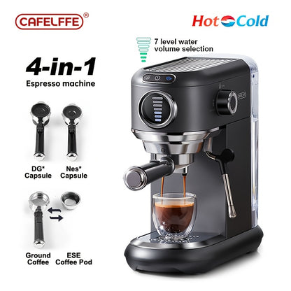 CAFELFFE Cold/Hot Semi-Automatic Espresso Machine, Stainless Steel Multi-Function Latte & Cappuccino Maker with Built-in Milk Frother/Steam Wand, Upgraded 7-Level Water Volume Control, Compatible with Ground Coffee & ESE Pods