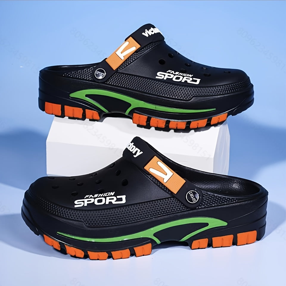 2025 Summer Men's Lightweight Breathable Slip-On Clogs - Durable EVA Beach Shoes with Ventilation Holes, Black &amp; Orange Design for Casual Attire, Summer Footwear | Fashionable Slip-On Sneakers | Lightweight Footwear