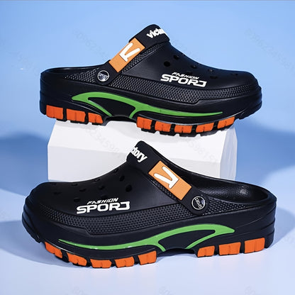 2025 Summer Men's Lightweight Breathable Slip-On Clogs - Durable EVA Beach Shoes with Ventilation Holes, Black &amp; Orange Design for Casual Attire, Summer Footwear | Fashionable Slip-On Sneakers | Lightweight Footwear