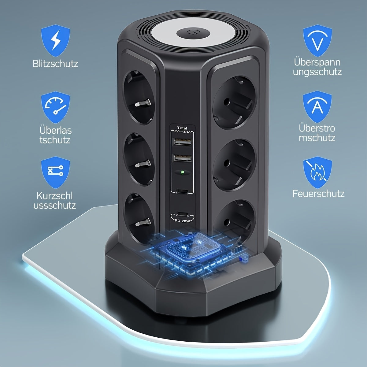 Múltiplas tomadas 12-Outlet 4000W com USB-C 20W