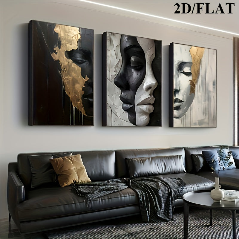 2D/Flat 3pcs Abstract Black and White Elegant Canvas Art with Wooden Frame, Large Wall Decor – Perfect for Living Room, Bedroom, Dining Room, Office – Ideal Halloween &amp; Easter Gift, Flat 2D Design
