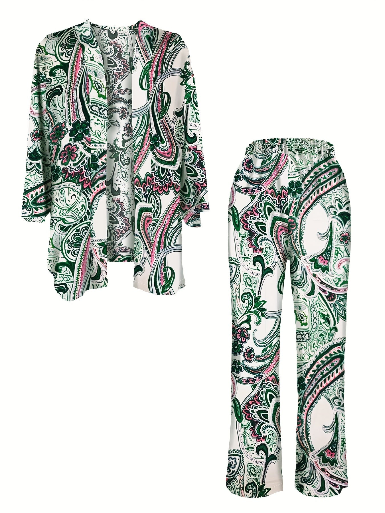 Boho Paisley Print Pants Set, Button Front Long Sleeve Blouse & Straight Leg Pants Outfits, Women's Clothing