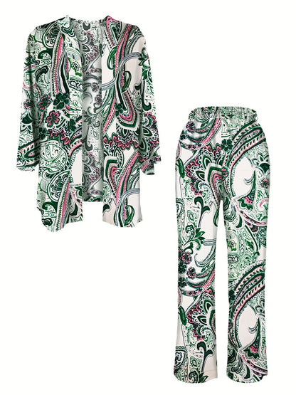 Boho Paisley Print Pants Set, Button Front Long Sleeve Blouse & Straight Leg Pants Outfits, Women's Clothing