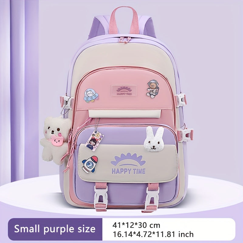 Chic Nylon Backpack for Girls - Cute Cartoon Design, Adjustable Straps, Lightweight backpack, Perfect for Elementary to High School Students