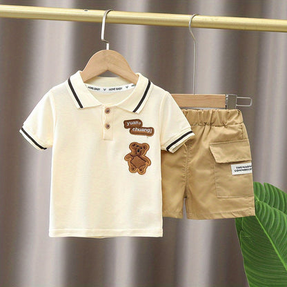Little Boys Casual Suit - Cute Bear & Letter Embroidered Shirt Top + Shorts