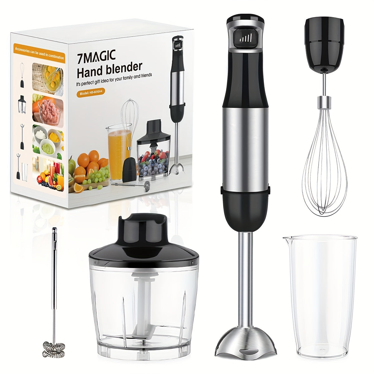 6in 1 Handheld Immersion Blender - Stainless Steel Stick Blender with 5 Speed, Chopper, Whisk And Milk Frother for Meat, Mashed Potatoes And Baby Food