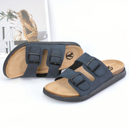 Men's Trendy Open Toe Breathable Slippers With Double Buckle Straps, Comfy Non Slip Casual Slides, Men's Summer Walking Shoes