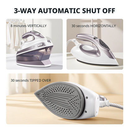 Steam Station Iron Offers 5.5 Bar Pressure, a 1.5L Water Tank, Ceramic Soleplate, Anti-Limescale Function, Vertical Steaming, Three Temperature Settings, Cord Storage, And 2400W Power. Available in Light Purple.