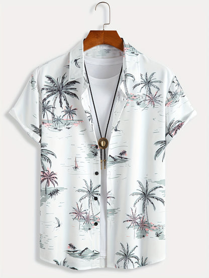 Camisa de homem de manga curta com estampado de coqueiros, ideal para o dia a dia em resorts e para a praia.