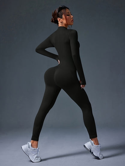 Women's Full-Length Zipper Jumpsuit - Full-Body Compression-like Fit (Tummy Control) - High-Elasticity Slim-Fit Long Sleeve Athleisure Suit for,, Dance - All-Season Outfit ( swear) - Easy-Care (No Bulk) -