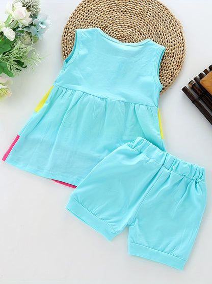 Stylish Color Block Outfit - Cute Bow Puffy Hem Vest & Pocket Shorts Two-piece Set Toddler Baby Clothes Outdoor Clothes Outdoor Suit