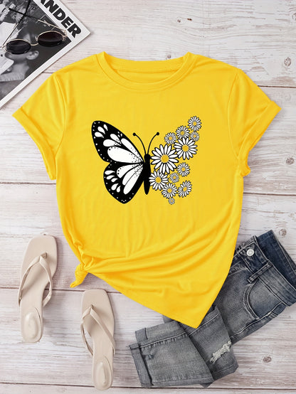 T-shirt casual para mulher com estampado floral de borboletas e margaridas, gola redonda - Verde azeitona, Lavável à máquina, Modelagem regular para looks casuais, Moda para todas as estações, Estilo descontraído, Tecido não transparente