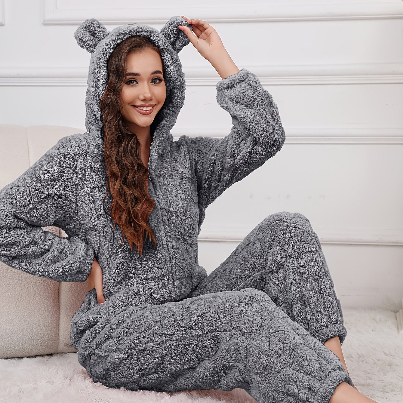 Women's Plush Fleece Hooded Jumpsuit - Cozy Mid-Length Zip-Up Romper with Heart Pattern, Harem Pants & Machine Washable for Autumn/Winter Clothing, Winter Apparel, Playful Bear Design, Soft Texture Apparel