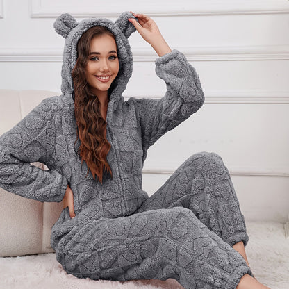 Women's Plush Fleece Hooded Jumpsuit - Cozy Mid-Length Zip-Up Romper with Heart Pattern, Harem Pants & Machine Washable for Autumn/Winter Clothing, Winter Apparel, Playful Bear Design, Soft Texture Apparel