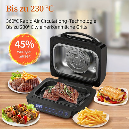 8-in-1 Grill Hot Air Fryer, 6L Capacity Airfryer, Electric Grill with Touch Control, 120-Minute Timer, 1700W, Black
