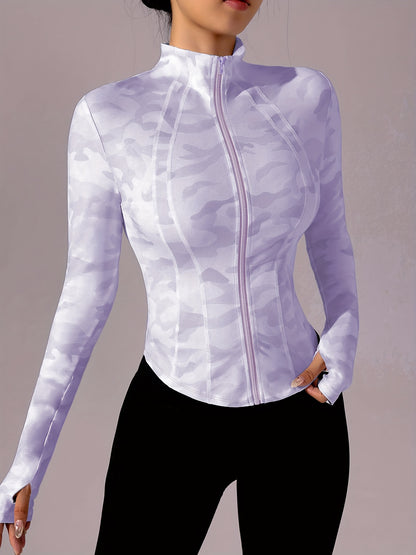 Zip-Up Stand Collar Sports Jacket, Half-Finger Long Sleeve Top with camouflage print, suitable for outdoor fitness, hiking, golf, tennis, badminton, bowling, daily walks and shopping, gym/home training, meditation, versatile.