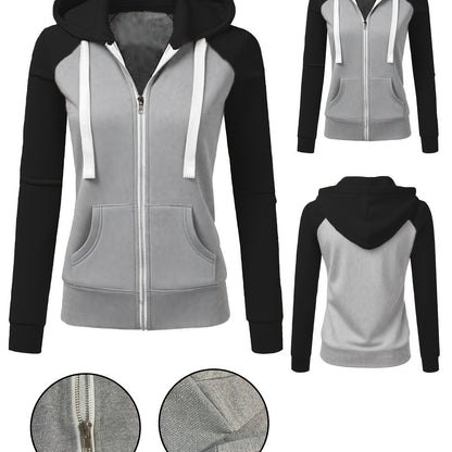 Women's Elegant Zip-Up Hooded Jacket - Slim Fit Winter Coat with Full-Zip Front Closure, Side Pockets - Machine Washable Outerwear for Office, Casual, Formal Events - Available Now!, Office Wear, Sleek Design, Soft Fabric, Fa