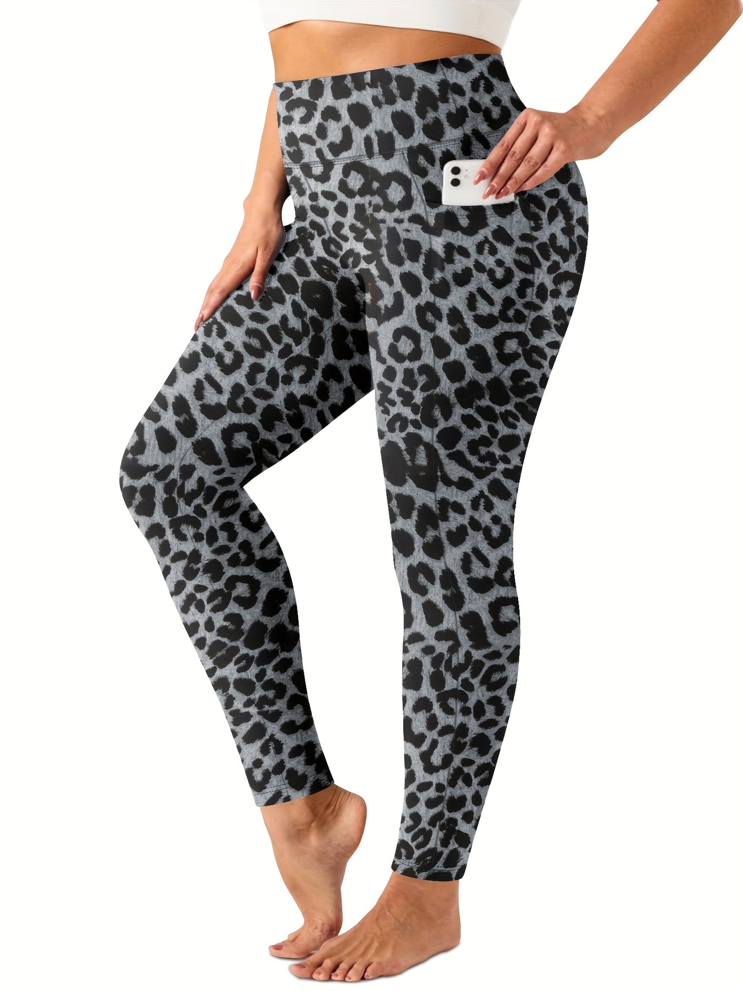 Women'S Plus Size High Waist Tummy Control Leggings with Side Pockets, 88% Polyester 12% Elastane, Knit Fabric, Stretchy Cropped Yoga Pants for Running & Fitness, All Season Solid Color Athletic Skinny Pants