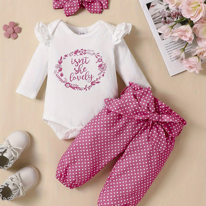 2pcs Baby Girl's Stylish Set, "Isn't She Lovely" Print Long Sleeve Onesie + Polka Dot Pants, Comfy Trendy Outfit