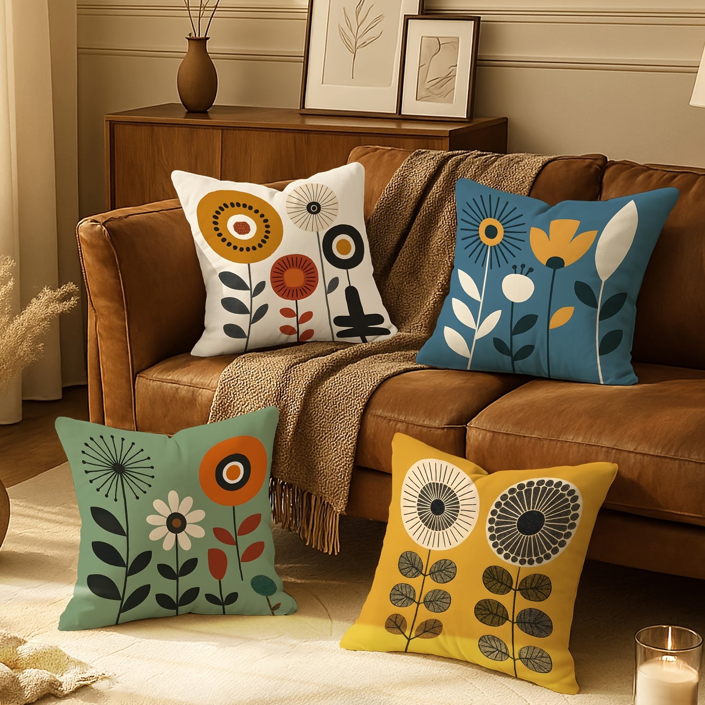 4pcs Vibrant Floral Plush Pillow Covers - Modern Abstract Design in Yellow, Blue, Green with Daisies & Vases, Soft & Cozy Decorative Cushion Cases for Living Room, Bedroom, Sofa - Machine Washable, Zipper Closure, No Inserts,