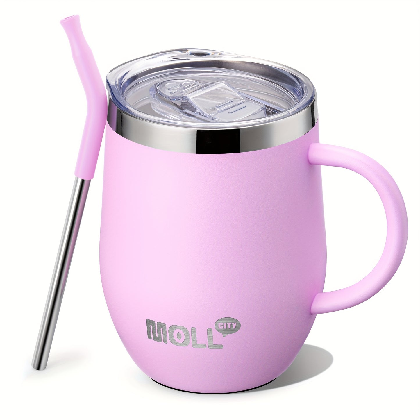 Mollcity 12oz Stainless Steel Tumbler with Straw & Spill-Proof Lid - Double-Wall Vacuum Insulated Cup, Pastel Pink ( purple), Leakproof Travel Mug, BPA-Free, Non-Slip Base & Ergonomic Handle for Women, Office, Gym, Outdoor -