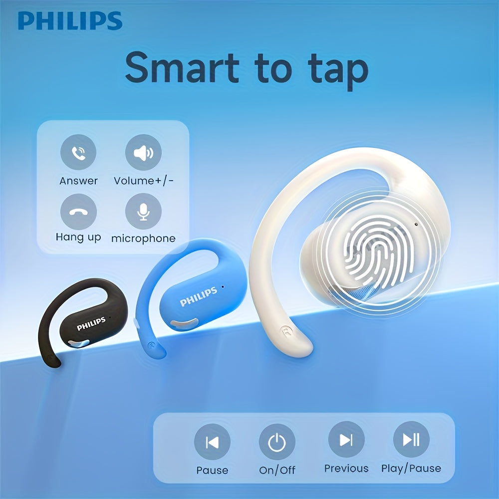 For Philips Wireless Earbuds with Ear Hook Design, Long Battery Life, Touch Control, Wireless Charging Case, Open-Back Sports Headphones for Running & Exercise, USB-C Charging, Condenser Microphone, Compatible with Cellphones