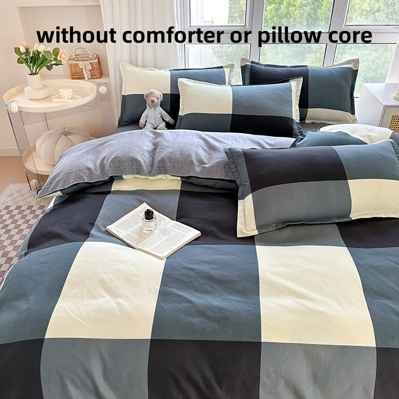 Conjunto de cama de 4 peças macio e respirável - Estampado xadrez espacial criativo, lavável à máquina - inclui lençol, edredão e 2 fronhas para todas as estações - ideal para dormitórios de estudantes, quartos e quartos de hóspedes.