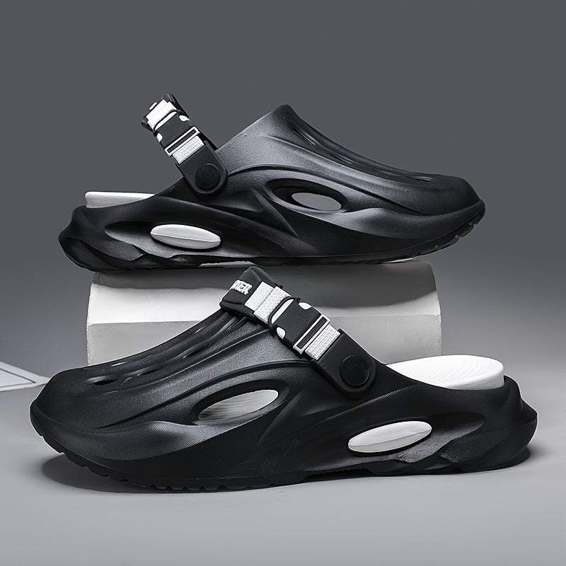 Sandálias de verão unissexo em EVA - Leves, respiráveis, antiderrapantes e confortáveis ​​para a praia, caminhadas e uso casual. Sola macia, bico aberto, design elegante em preto e branco. Calçado de verão | Material EVA