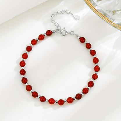 925 Pure Silvery Material Versatile Round Bead Red Agate Bracelet, Temperament Jewelry, Light Luxury Style, Gemstone Bead Bracelet, Women's Trendy Accessory, Gift Box Included