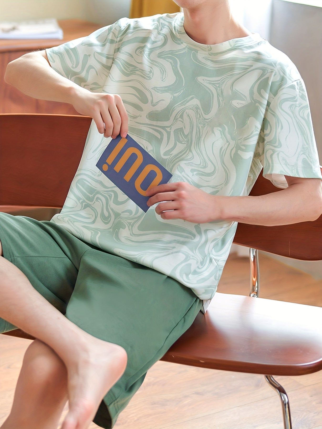 Men's Cotton Pajamas Set For Summer, Casual Thin Printed Short Sleeve Crew Neck T-shirt Graphic Tees & Shorts, Men's Loungewear Set Sleep Set