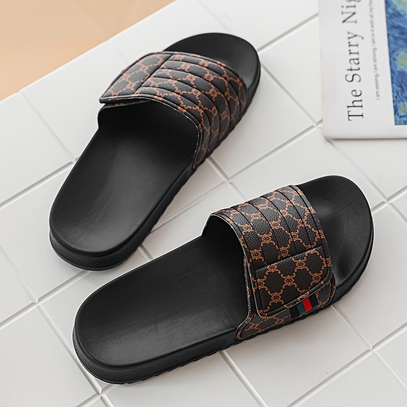 Men's Luxury Slip-On Slippers - Thick Cushioned EVA Sole & Soft PU Upper with Striped Pattern, All-Season Indoor/Outdoor House Shoes for Men, Comfortable Casual & Party Footwear (Black/White, Beige/Brown) - Unisex-Friendly De