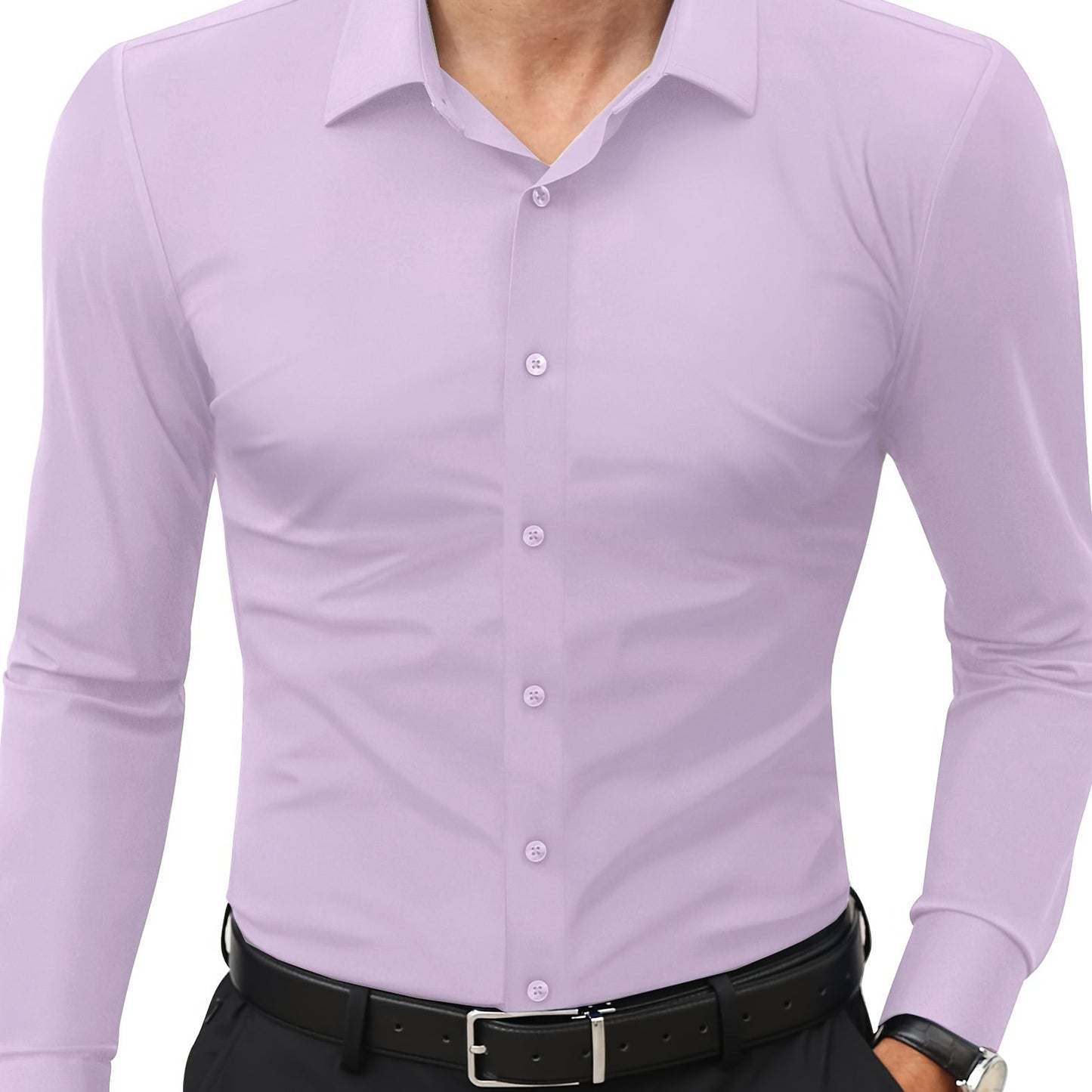 Camisola de homem de manga comprida com corte slim - 55% algodão, 40% poliéster, 5% elastano, cor lisa, para todas as estações, tecido plano, fecho com botões, gola de lapela, ideal para o fim de semana, 125 g/m²