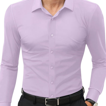 Camisola de homem de manga comprida com corte slim - 55% algodão, 40% poliéster, 5% elastano, cor lisa, para todas as estações, tecido plano, fecho com botões, gola de lapela, ideal para o fim de semana, 125 g/m²