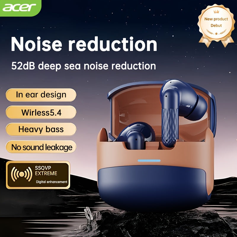 Acer OHR548 Wireless Headphones with 52dB Deep Sea Noise Reduction, In-Ear Design, Wireless 5, 4, Heavy Bass, No Sound Leakage, SSVP Extreme Digital Enhancement, Type-C Charging Case, Ultra-Long Standby, Touch Control, for Sm