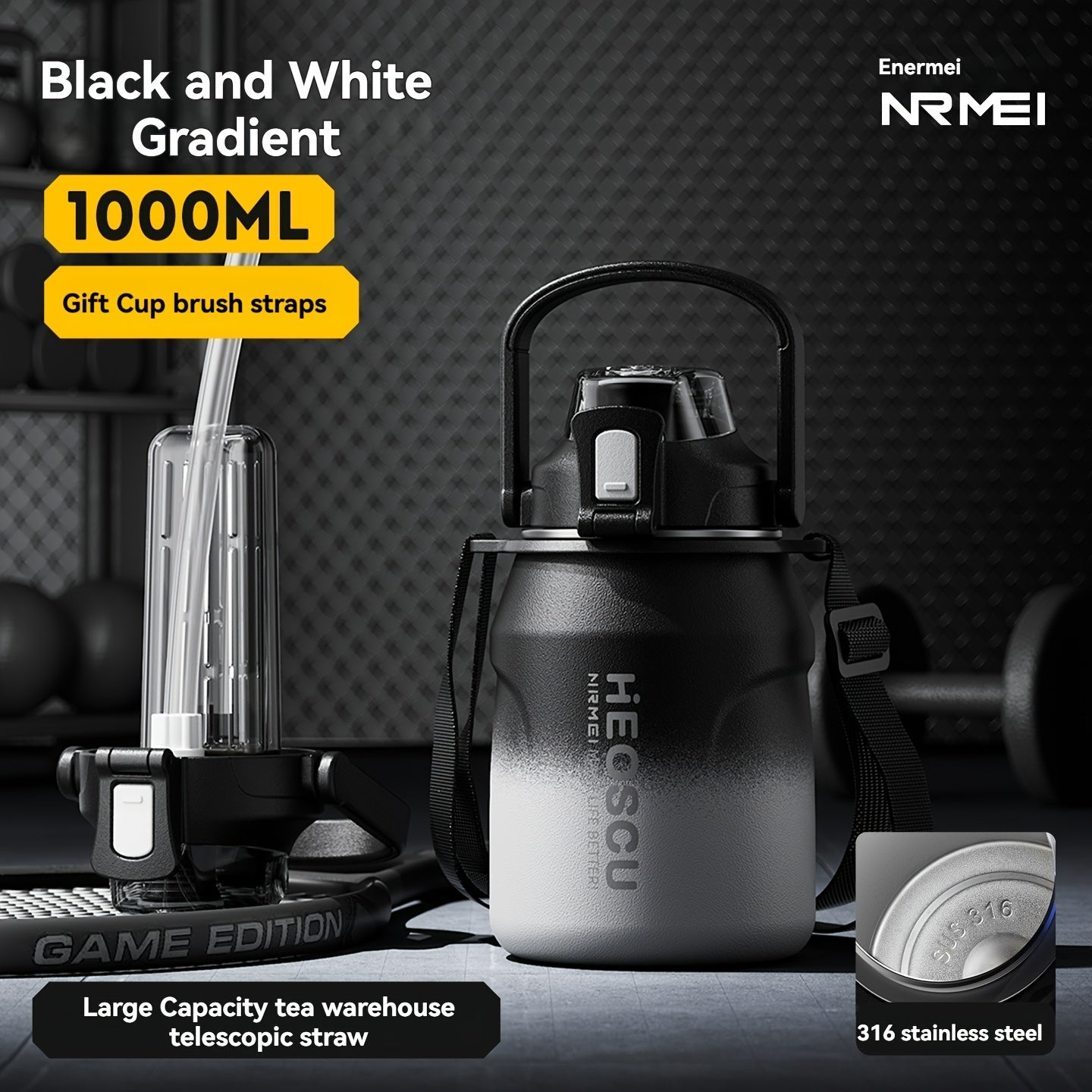 Garrafa térmica em aço inoxidável, mantém a temperatura quente ou fria durante 24 horas, com palhinha e pega/correia, caneca térmica de viagem com parede dupla, livre de BPA.