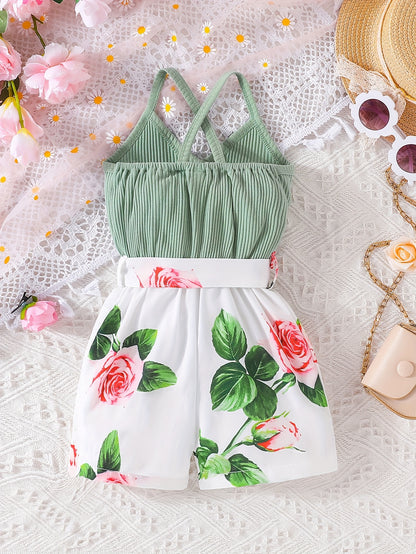 Girls' Summer Casual Floral Print Off-Shoulder Jumpsuit with Adjustable Waist Belt - Lightweight Breathable Shorts for Outdoor Play & Daily Wear, Blue & White Flower Design, Perfect for Weekend Outings, Cute Outfits for Girls