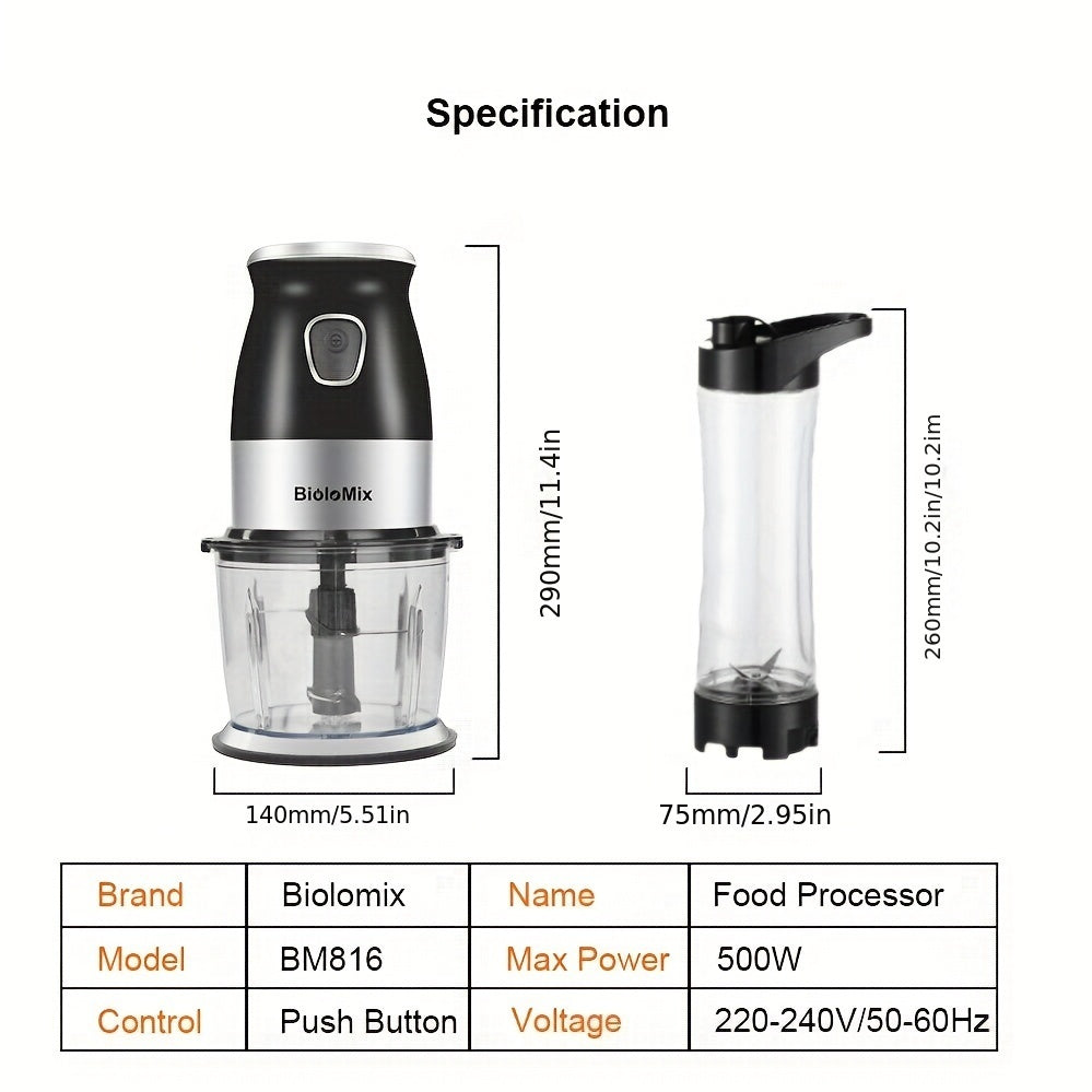 500W Portable Personal Blender Mixer Food Processor with Chopper Bowl 600ml Juicer Bottle Meat Grinder Youngsters Food Maker