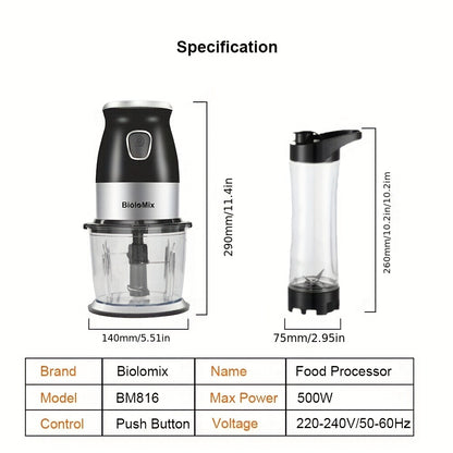 500W Portable Personal Blender Mixer Food Processor with Chopper Bowl 600ml Juicer Bottle Meat Grinder Youngsters Food Maker