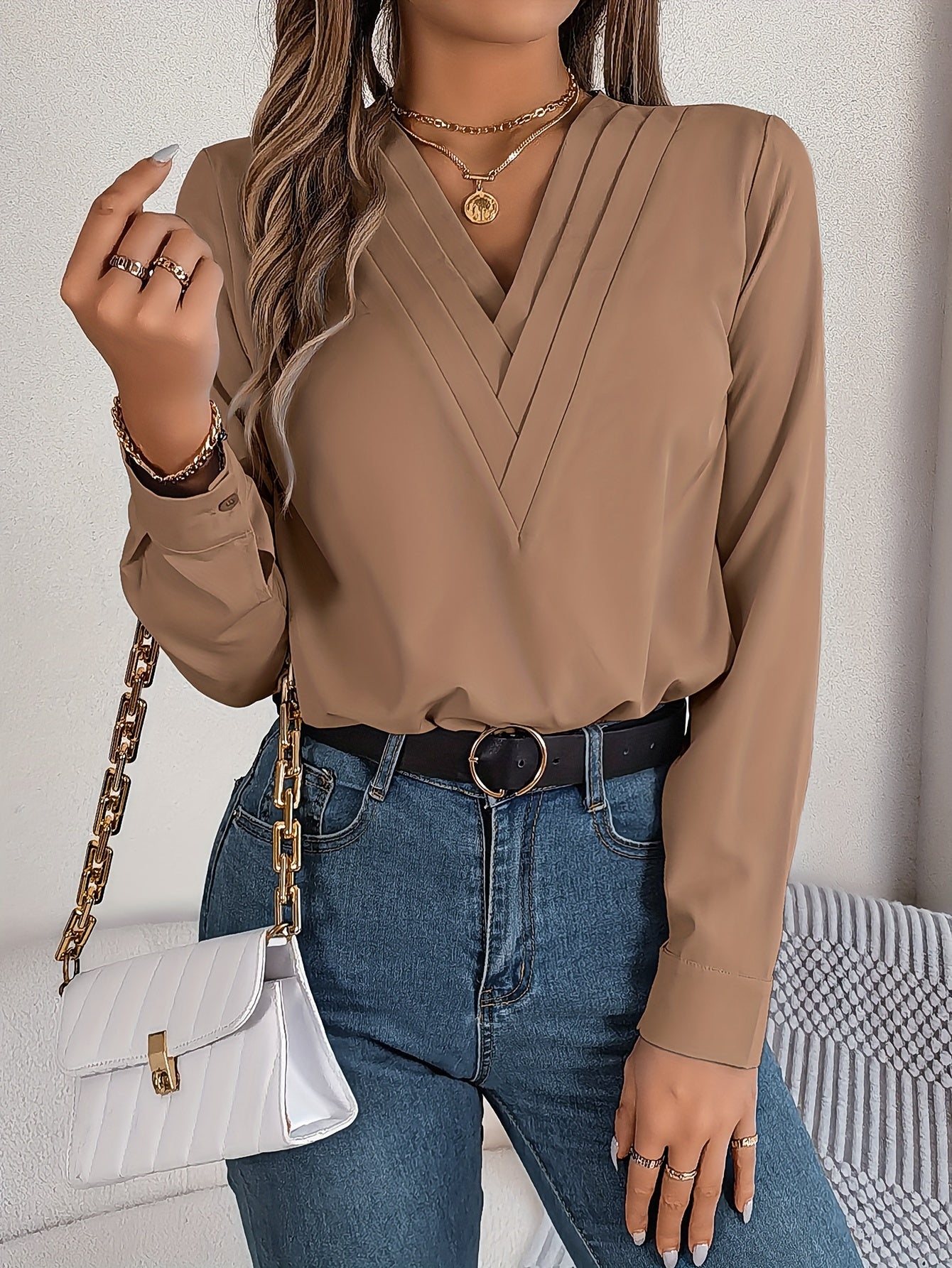 Women'S Elegant V-Neck Long Sleeve Shirt, Solid Color Polyester Blouse with Triple V-Cut, 95% Polyester 5% Elastane, Woven Fabric, 120g/m², for Spring/Summer/Fall - Adult
