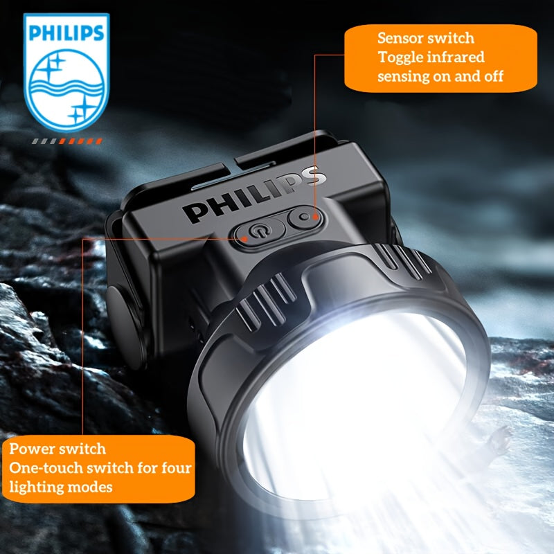For Philips High-Lumen Ultra-Light Rechargeable Headlamp with 5 Modes, Sensor Switch & 90-Degree Adjustable Angle - USB Rechargeable, Long Battery Life, Durable ABS Matte Finish for Camping, Outdoor, Fishing, Emergency Lighti