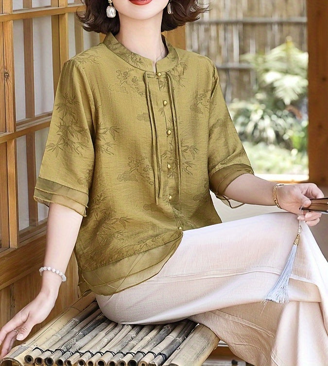 Elegante blusa de verão para mulher com estampado floral - Manga curta, gola mandarim, corte largo, verde-azeitona claro, perfeita para looks casuais. Blusa casual | Blusa com estampado floral | Camisola com gola mandarim