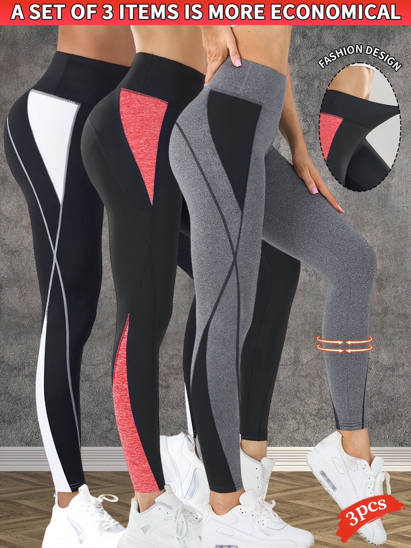 3-Pack Women's High-Waisted Yoga Pants - Tummy Control Butt-Lifting Workout Leggings, Breathable Stretchy Fitness Pants with Color-Block Design for Gym Running Training, Spring Summer Fall Essentials, Seasonal Activewear, Con