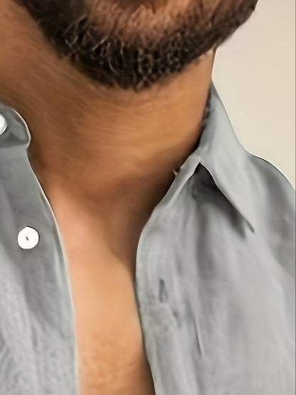 Camisa de homem em algodão de manga comprida e cor sólida com botões, modelo com lapela, ideal para a primavera e outono.